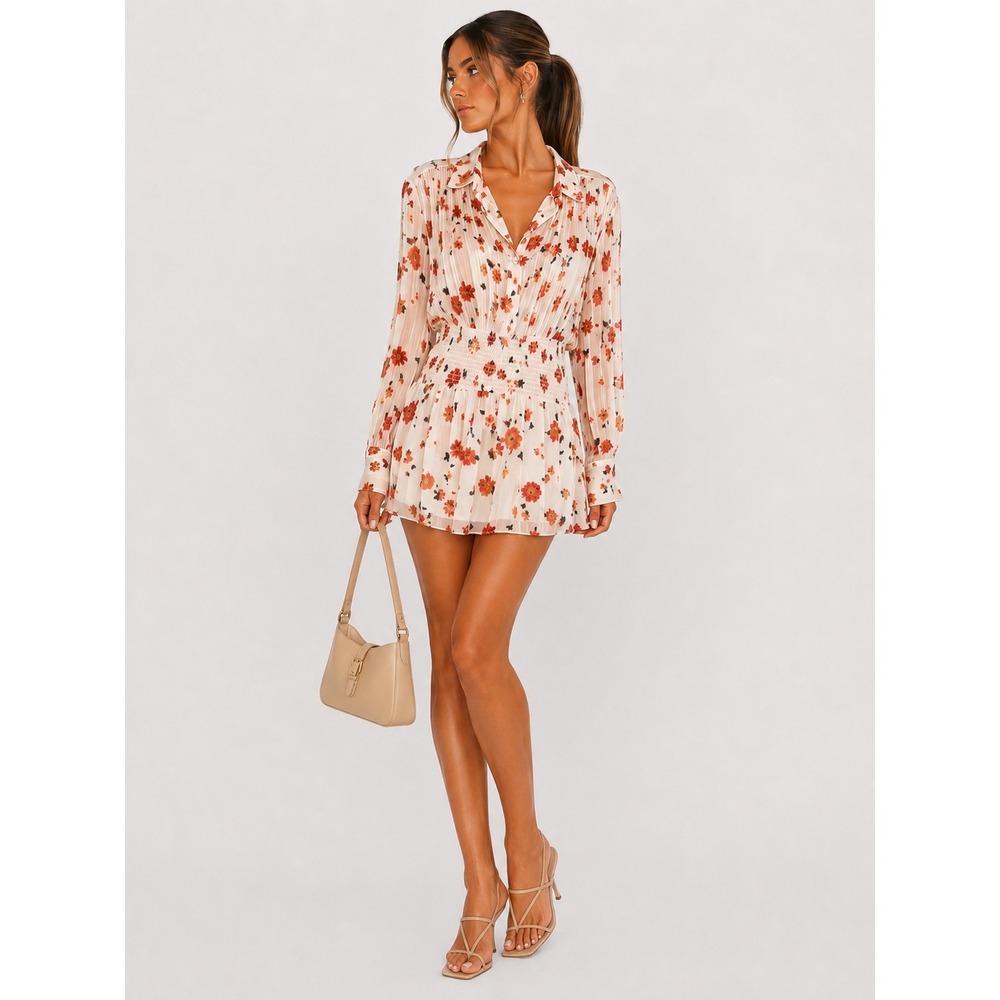 Rag & Bone Briley Floral Smocked Mini Dress Ivory Orange Long Sleeve M NWOT